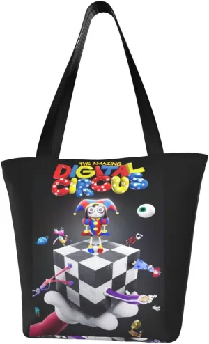 The Amazing Funny Digital Comedy Circus Reusable Grocery Bag for Kitchen Tote Bags for Women Shoulder Bag with Zipper Classic Daily Bag Large Capacity Shopping Handbag Storage Bags for Office