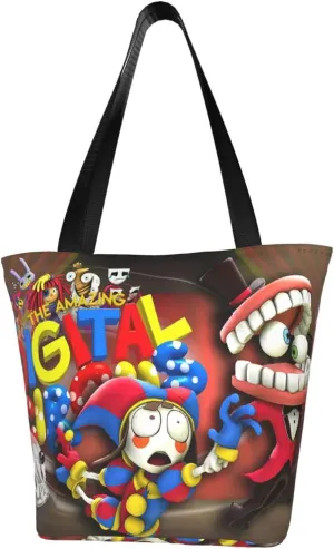 The Amazing Funny Digital Comedy Circus Reusable Grocery Bag for Kitchen Tote Bags for Women Shoulder Bag with Zipper Funny Daily Bag Large Capacity Shopping Handbag Storage Bags for Picnic