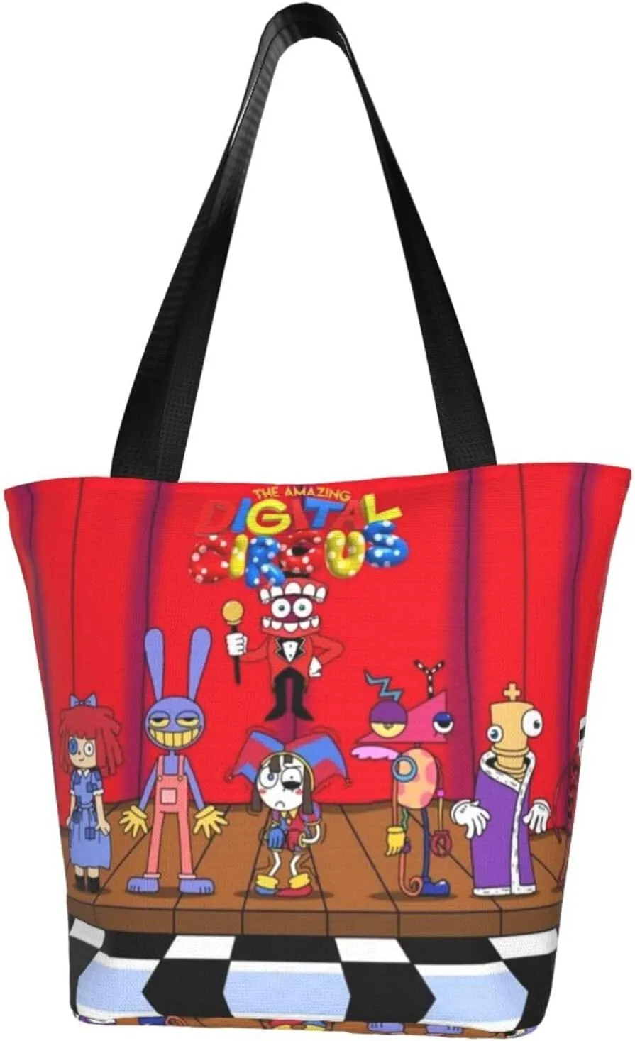 The Amazing Funny Digital Comedy Circus Reusable Grocery Bag for Kitchen Tote Bags for Women Shoulder Bag with Zipper Stylish Daily Bag Large Capacity Shopping Handbag Storage Bags for Office