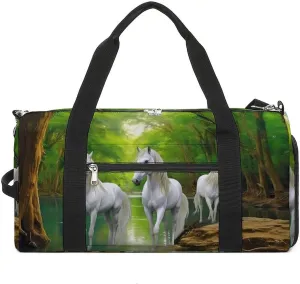 Three White Horses Green Forests Funny Gym Bag Travel Duffel Bags Carry On Weekender Overnight Bag for Women Men