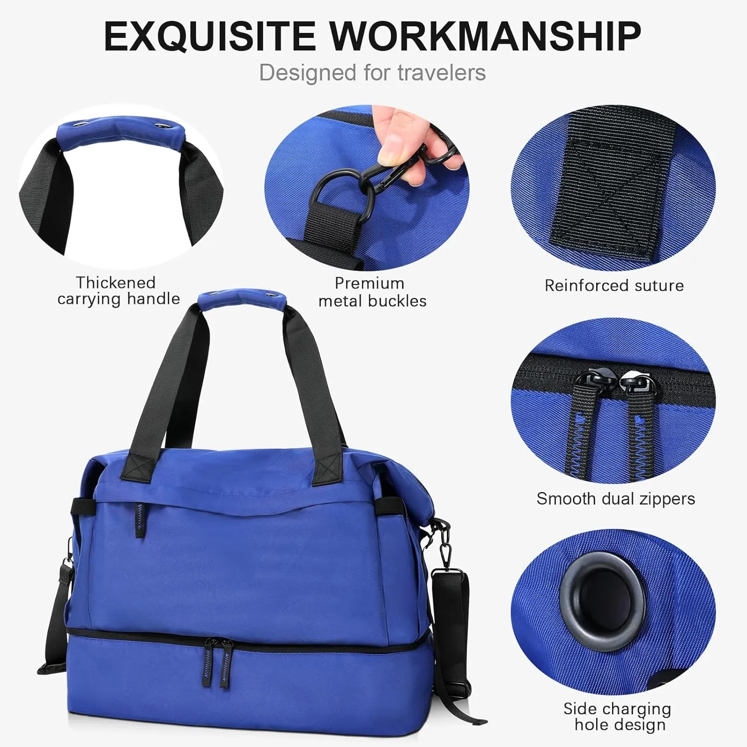 Tibetan Blue Gym Bag for Women - Weekender & Travel Duffel with Shoes Compartment, Wet Pocket & USB Charging Port