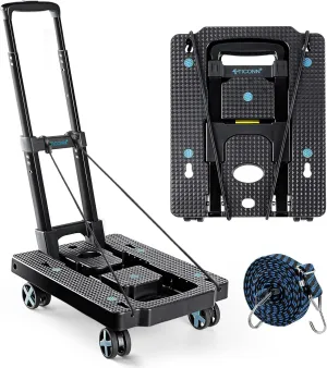 TICONN Folding Portable Dolly Cart, Black, 4-Wheel, 110 lbs Capacity, Adjustable Handle, Silent Wheels