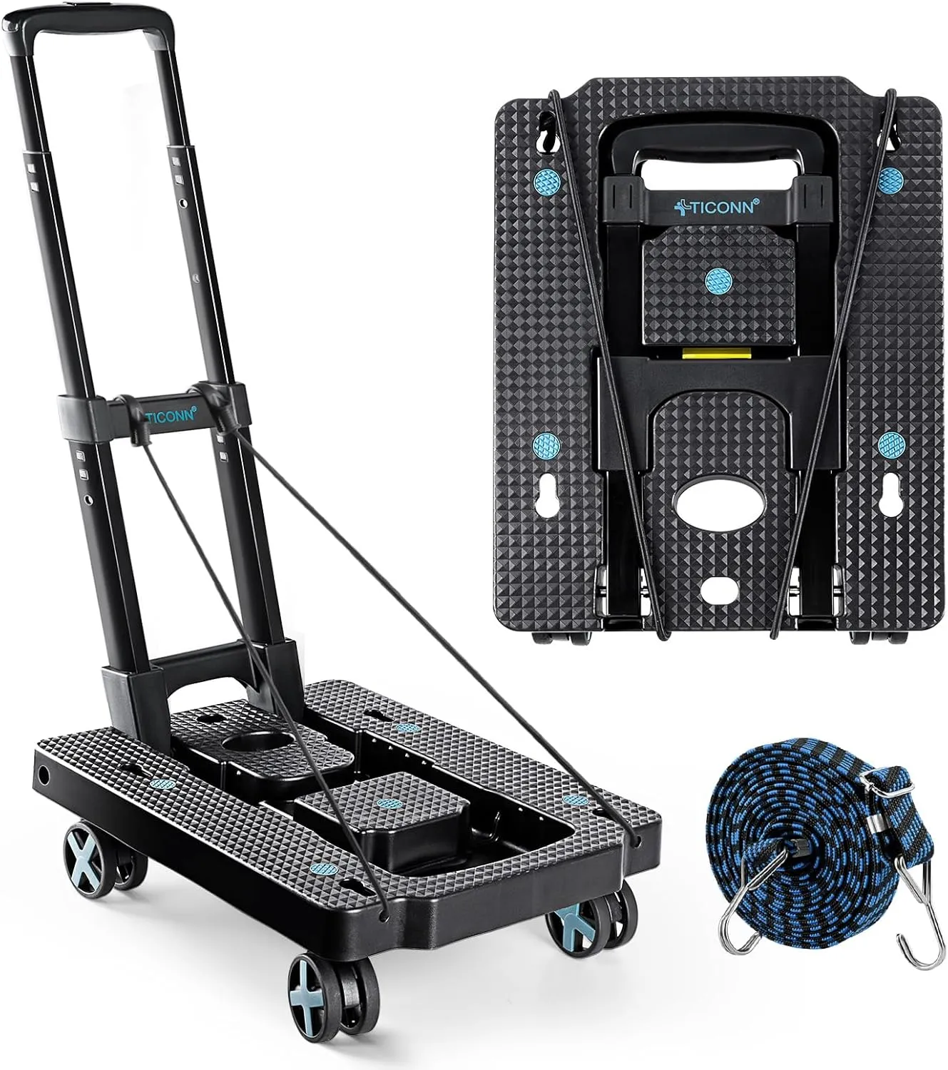 TICONN Folding Portable Dolly Cart, Black, 4-Wheel, 110 lbs Capacity, Adjustable Handle, Silent Wheels