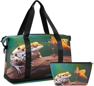 Toad and Butterfly Gym Bag - Weekender Overnight Bags for Women Men, Sport Travel Duffel Bag with Wet Pocket & Shoe Compartment