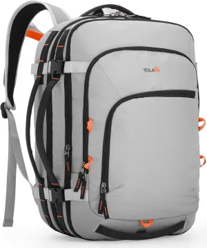 Tolaccea Travel Backpack, TSA Friendly Flight Approved Carry-on Luggage Water-resistant Business Rucksack, Durable Large Computer Bag Daypack Fits 15.6 Inch Laptop, 35-45L Expandable - Grey