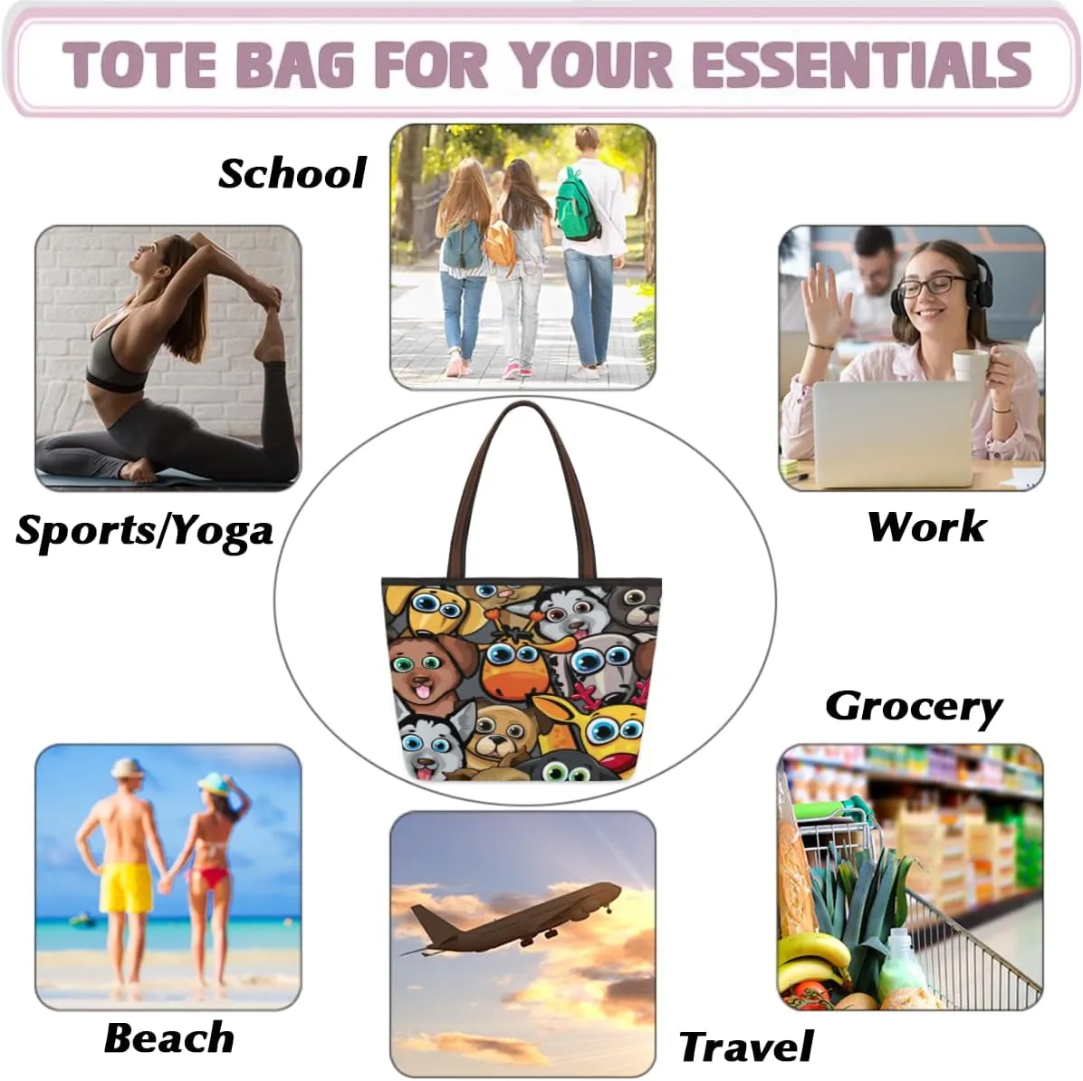 Tote Bag for Women with Zipper Large Capacity Top Handle Casual Shoulder Bag Handbag Reusable Shopping