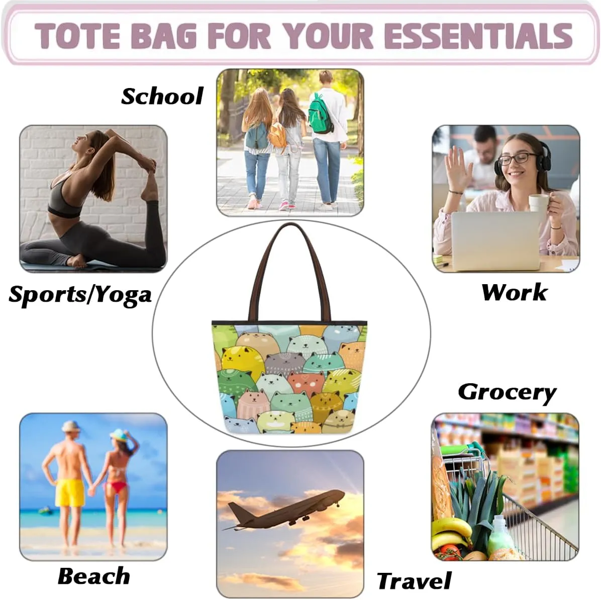 Tote Bag for Women with Zipper Large Capacity Top Handle Casual Shoulder Bag Handbag Reusable Shopping