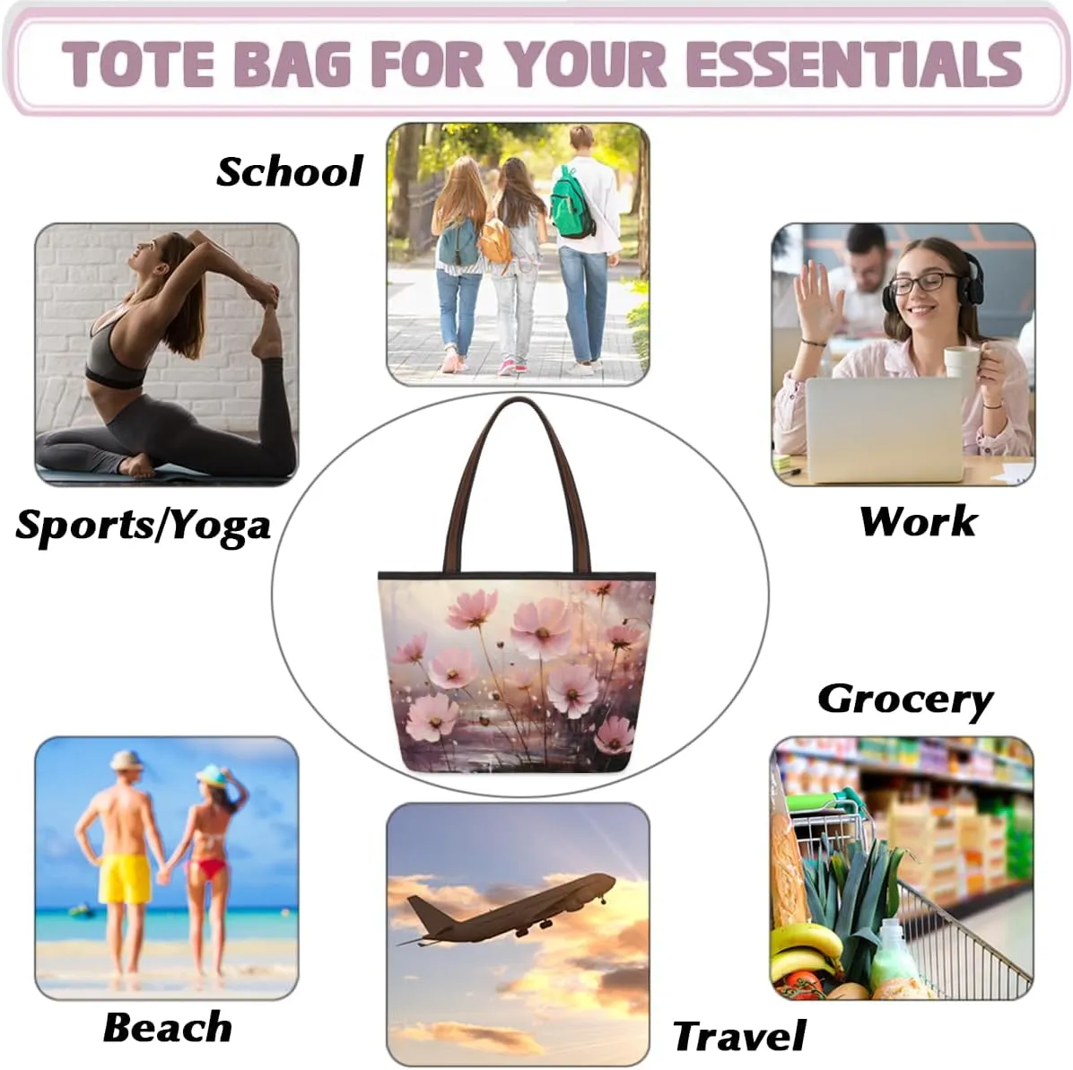 Tote Bag for Women with Zipper Large Capacity Top Handle Casual Shoulder Bag Handbag Reusable Shopping