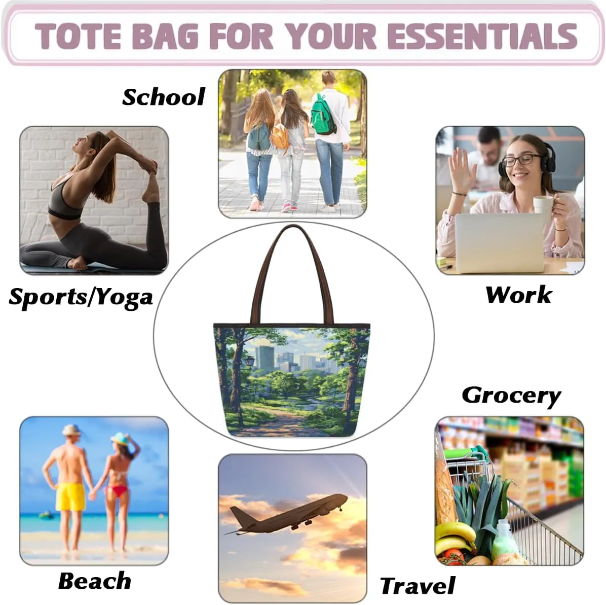 Tote Bag for Women with Zipper Large Capacity Top Handle Casual Shoulder Bag Handbag Reusable Shopping