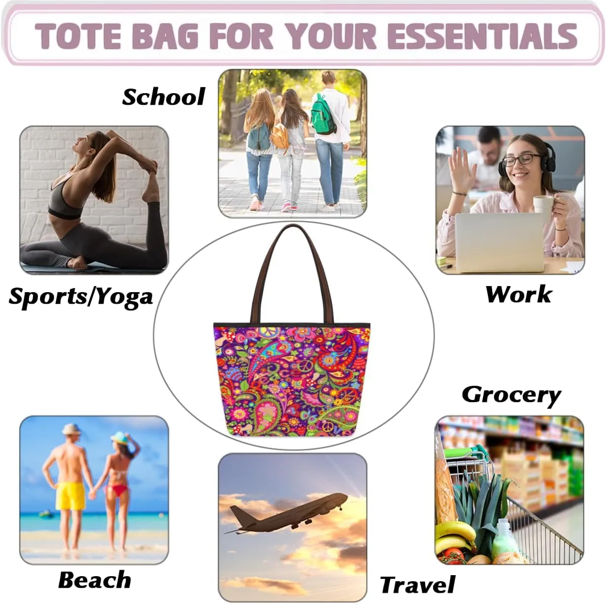 Tote Bag for Women with Zipper Large Capacity Top Handle Casual Shoulder Bag Handbag Reusable Shopping