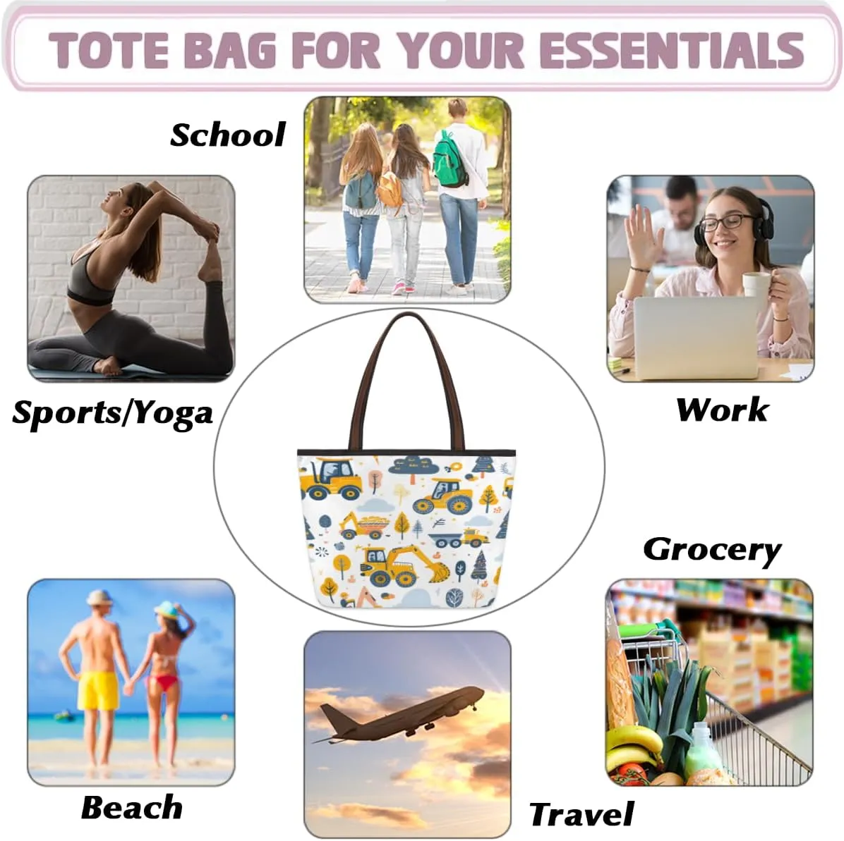 Tote Bag for Women with Zipper Large Capacity Top Handle Casual Shoulder Bag Handbag Reusable Shopping