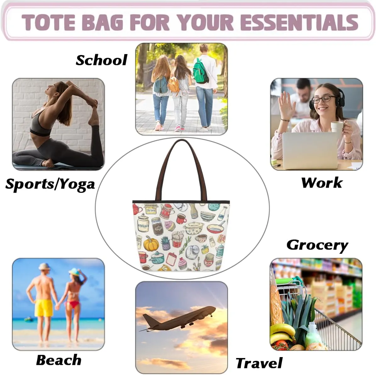 Tote Bag for Women with Zipper Large Capacity Top Handle Casual Shoulder Bag Handbag Reusable Shopping