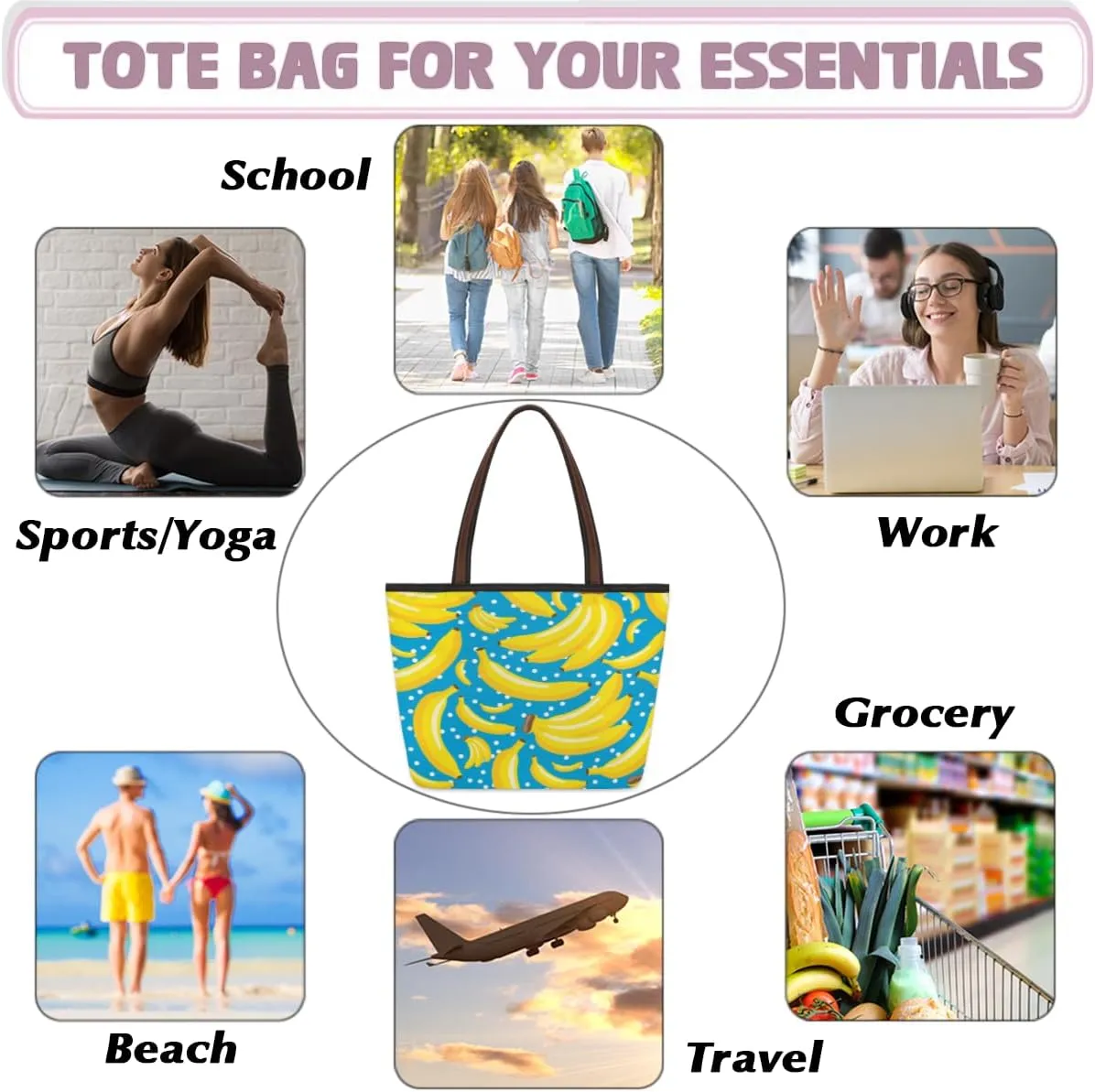 Tote Bag for Women with Zipper Large Capacity Top Handle Casual Shoulder Bag Handbag Reusable Shopping