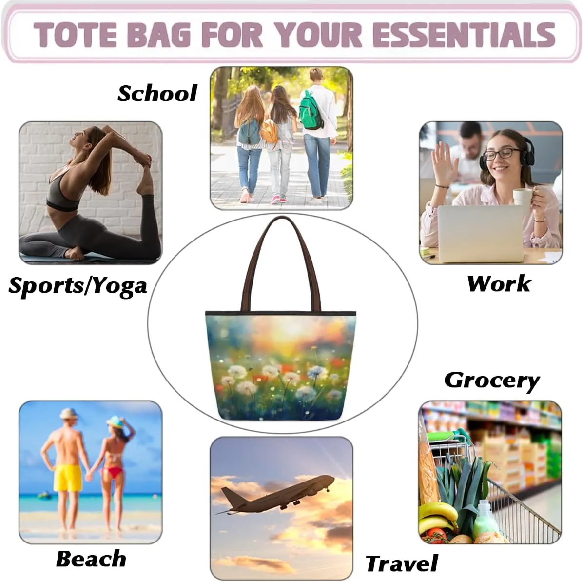Tote Bag for Women with Zipper Large Capacity Top Handle Casual Shoulder Bag Handbag Reusable Shopping