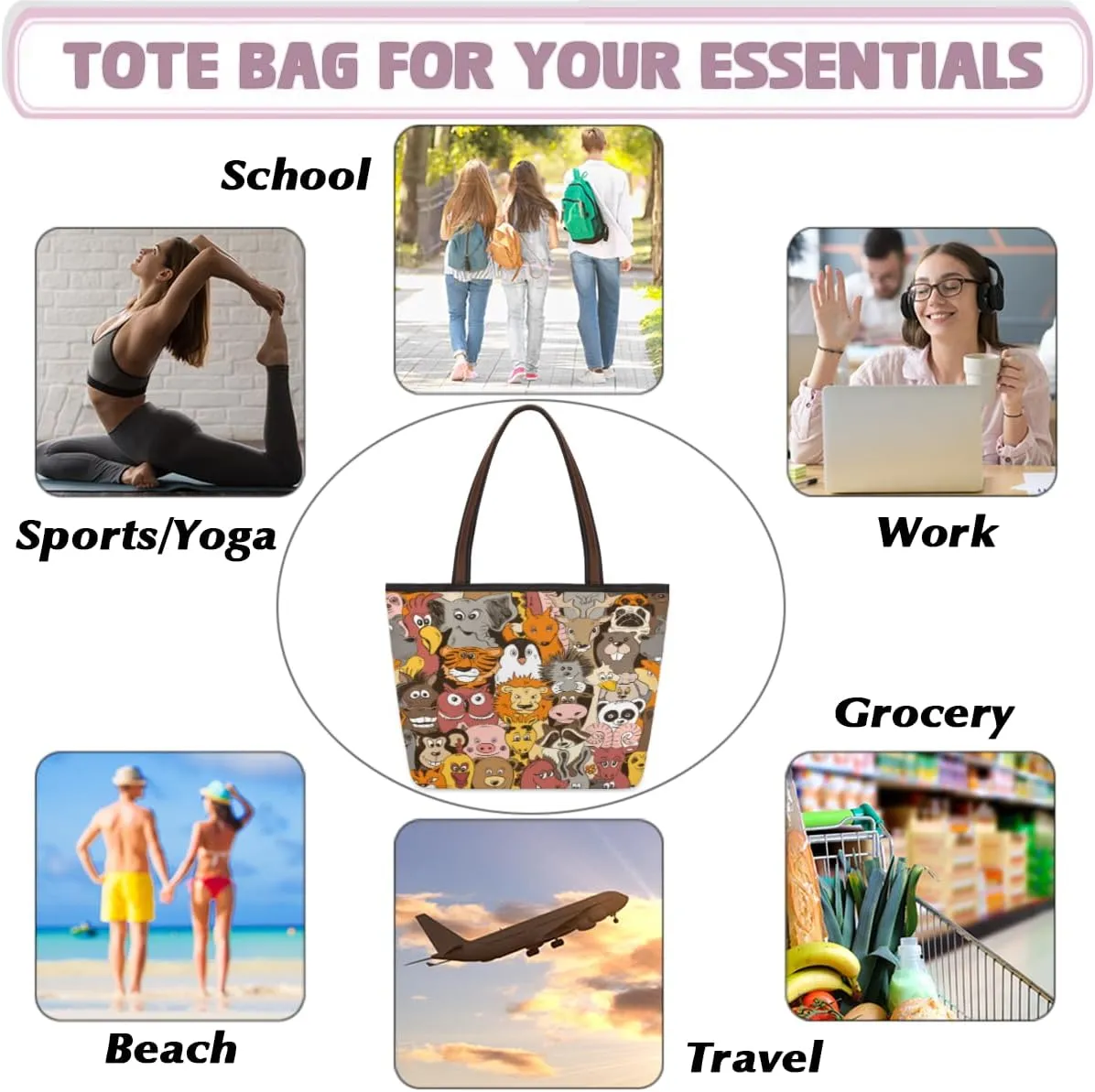 Tote Bag for Women with Zipper Large Capacity Top Handle Casual Shoulder Bag Handbag Reusable Shopping