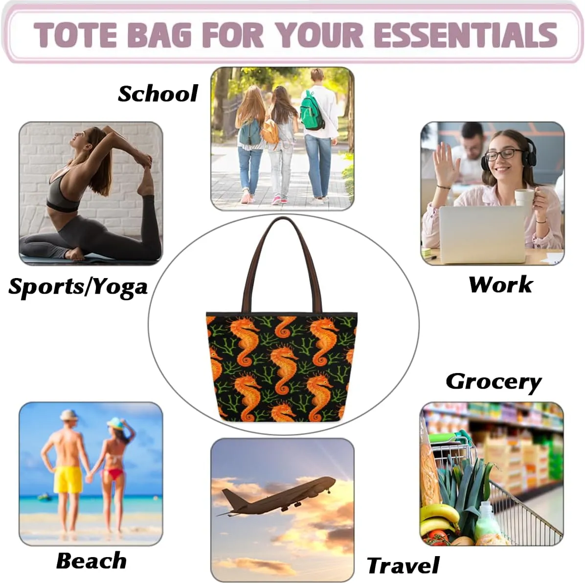 Tote Bag for Women with Zipper Large Capacity Top Handle Casual Shoulder Bag Handbag Reusable Shopping