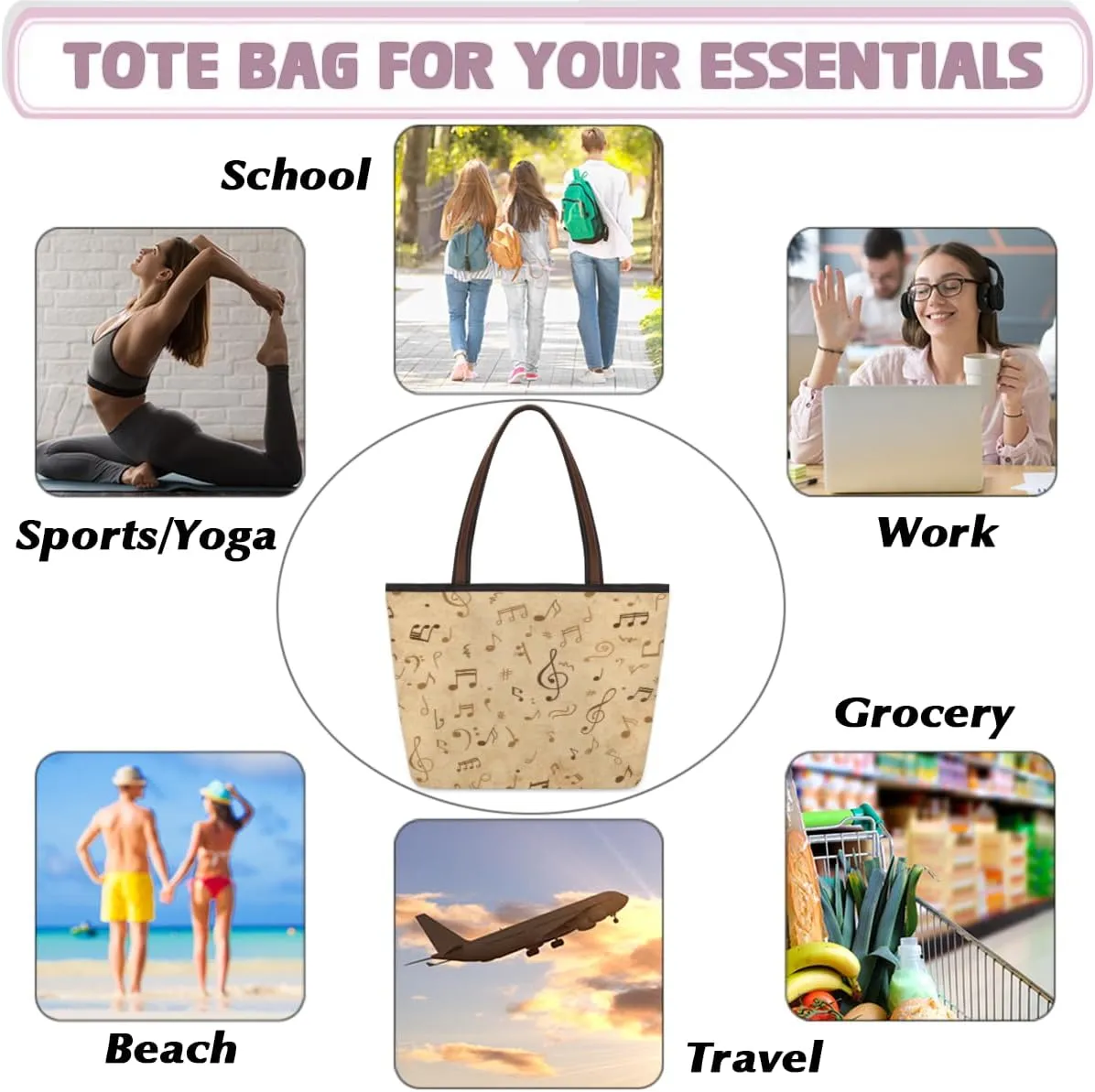 Tote Bag for Women with Zipper Large Capacity Top Handle Casual Shoulder Bag Handbag Reusable Shopping