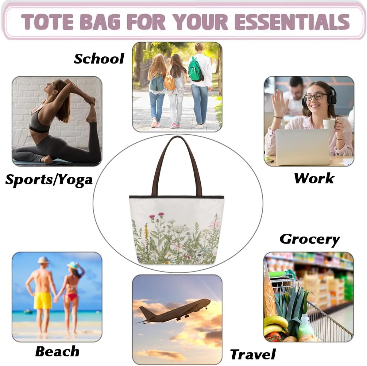 Tote Bag for Women with Zipper Large Capacity Top Handle Casual Shoulder Bag Handbag Reusable Shopping