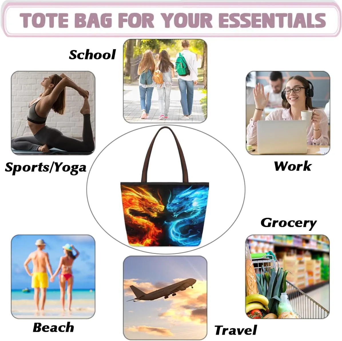 Tote Bag for Women with Zipper Large Capacity Top Handle Casual Shoulder Bag Handbag Reusable Shopping