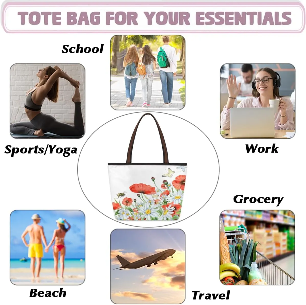 Tote Bag for Women with Zipper Large Capacity Top Handle Casual Shoulder Bag Handbag Reusable Shopping