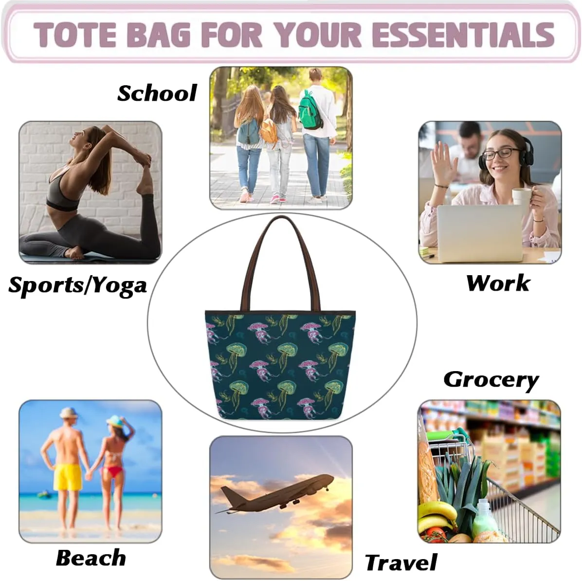Tote Bag for Women with Zipper Large Capacity Top Handle Casual Shoulder Bag Handbag Reusable Shopping