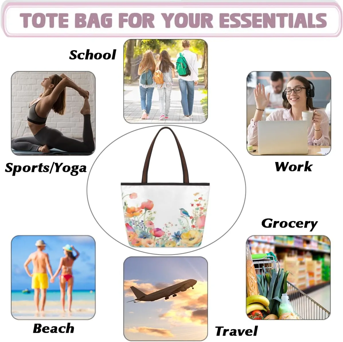 Tote Bag for Women with Zipper Large Capacity Top Handle Casual Shoulder Bag Handbag Reusable Shopping