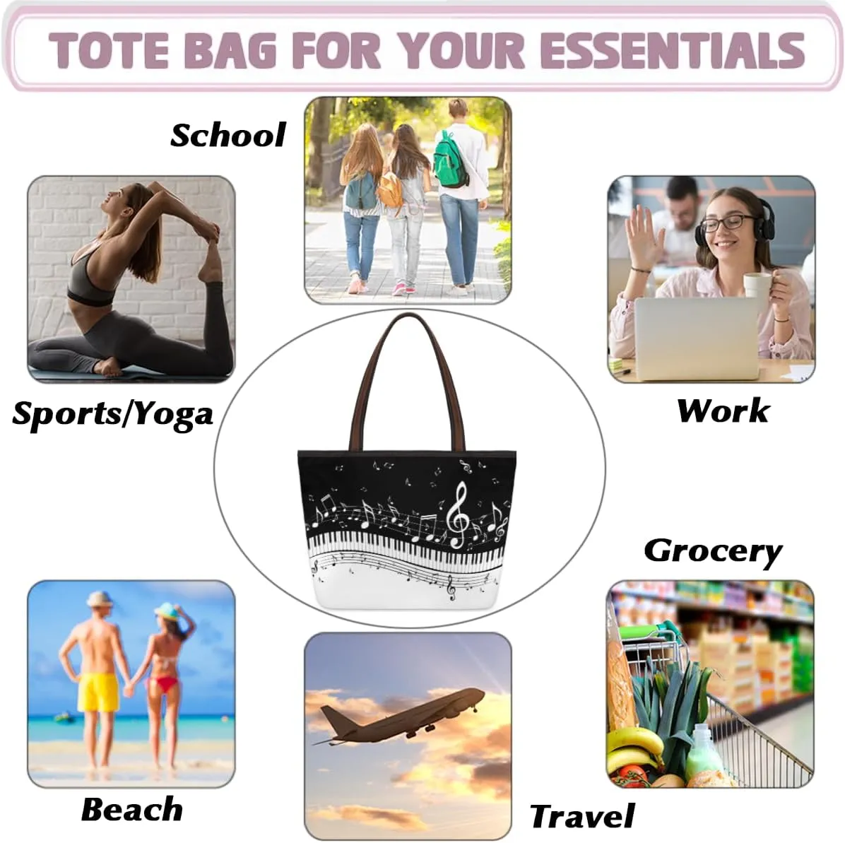 Tote Bag for Women with Zipper Large Capacity Top Handle Casual Shoulder Bag Handbag Reusable Shopping