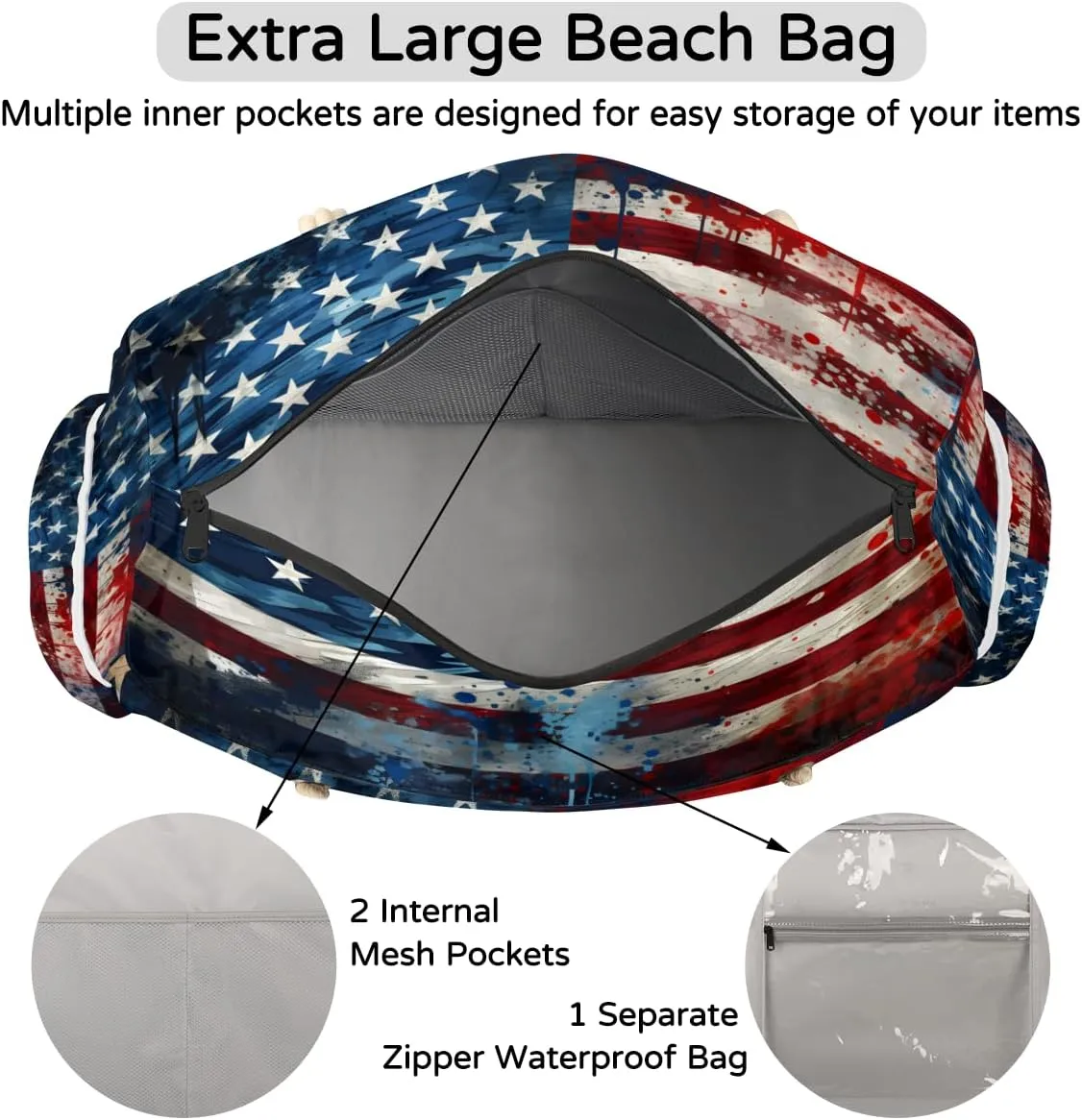 Tote Beach Bag for Women Large Zipper Beach Bags Waterproof Sandproof Gym Swim Pool Travel Bag