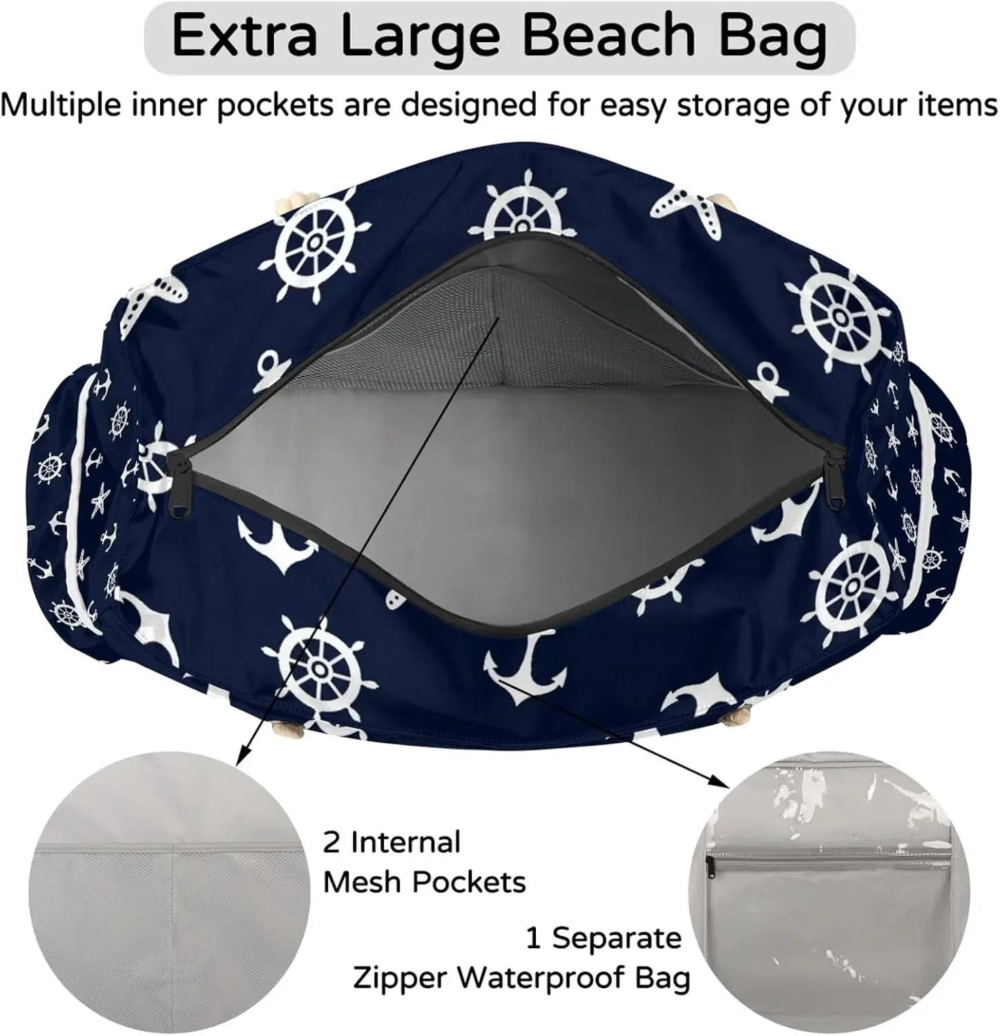 Tote Beach Bag for Women with Zipper Large Waterproof Sandproof Swim Pool Bag