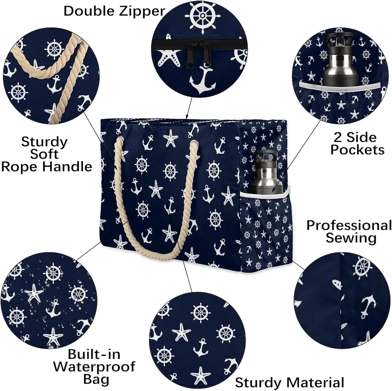 Tote Beach Bag for Women with Zipper Large Waterproof Sandproof Swim Pool Bag