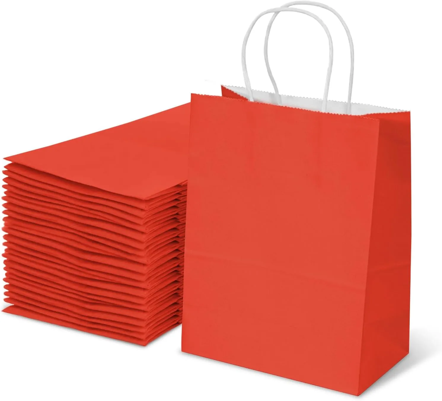 TOWRAP Red Gift Bags 25Pcs - Medium Kraft Paper With Handles 8x4.25x10.5 Inch - Bulk Shopping, Party, Retail, Merchandise, Favor