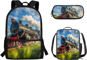 Train Backpack School Bag Set 3 Pieces Kids Boys Girls School Bookbag Satchel with Lunch Bag Pencil Case Pouch 3 Pcs Bookbag Daypack Back to School Backpack