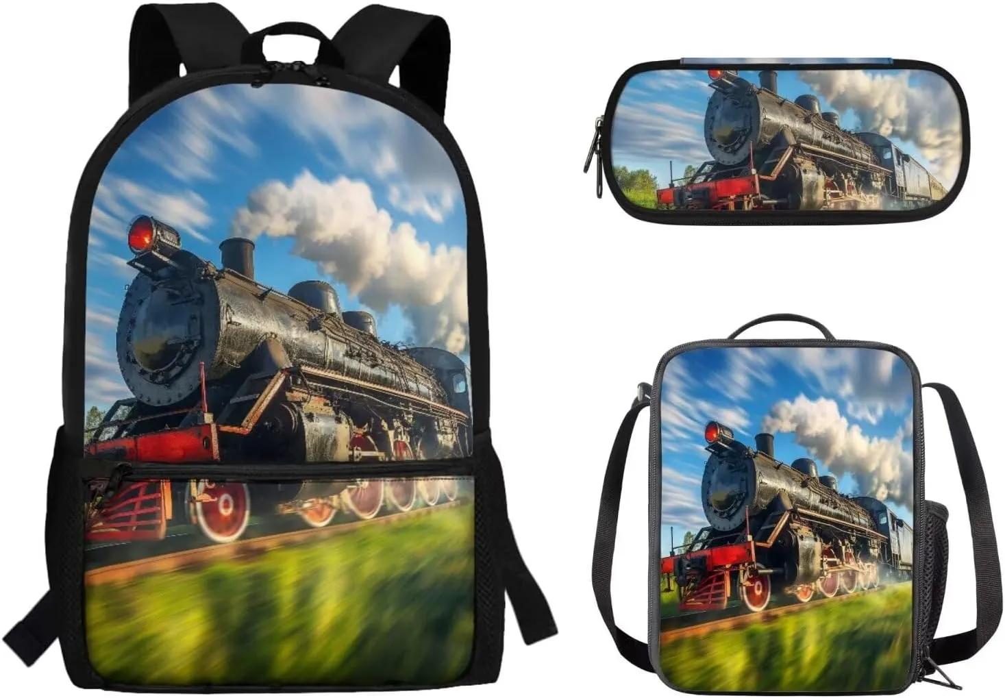 Train Backpack School Bag Set 3 Pieces Kids Boys Girls School Bookbag Satchel with Lunch Bag Pencil Case Pouch 3 Pcs Bookbag Daypack Back to School Backpack