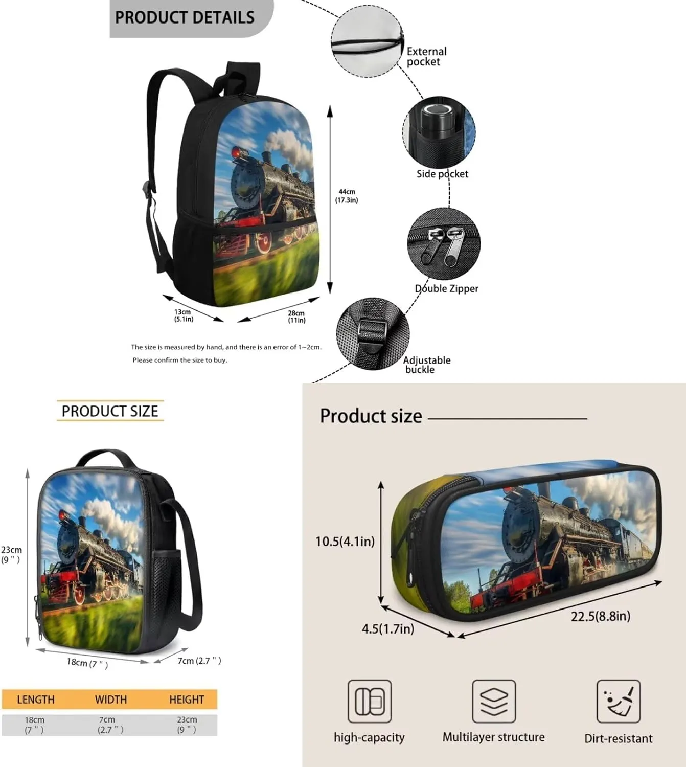 Train Backpack School Bag Set 3 Pieces Kids Boys Girls School Bookbag Satchel with Lunch Bag Pencil Case Pouch 3 Pcs Bookbag Daypack Back to School Backpack