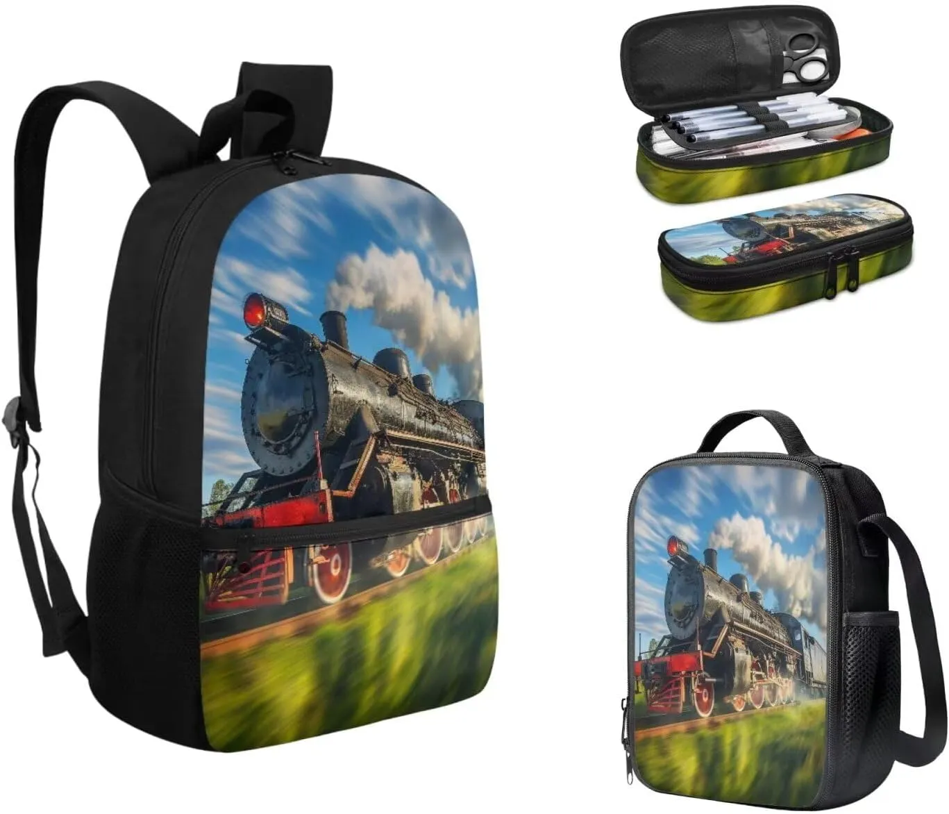 Train Backpack School Bag Set 3 Pieces Kids Boys Girls School Bookbag Satchel with Lunch Bag Pencil Case Pouch 3 Pcs Bookbag Daypack Back to School Backpack