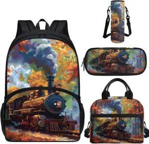 Train Kids Backpack for School Girls 4th Grade Preschool Elementary Middle School Bag Student Bookbag Cool School Supplies Set for Boys Teens with Lunch Bag Pencil Case Water Bottle Holder