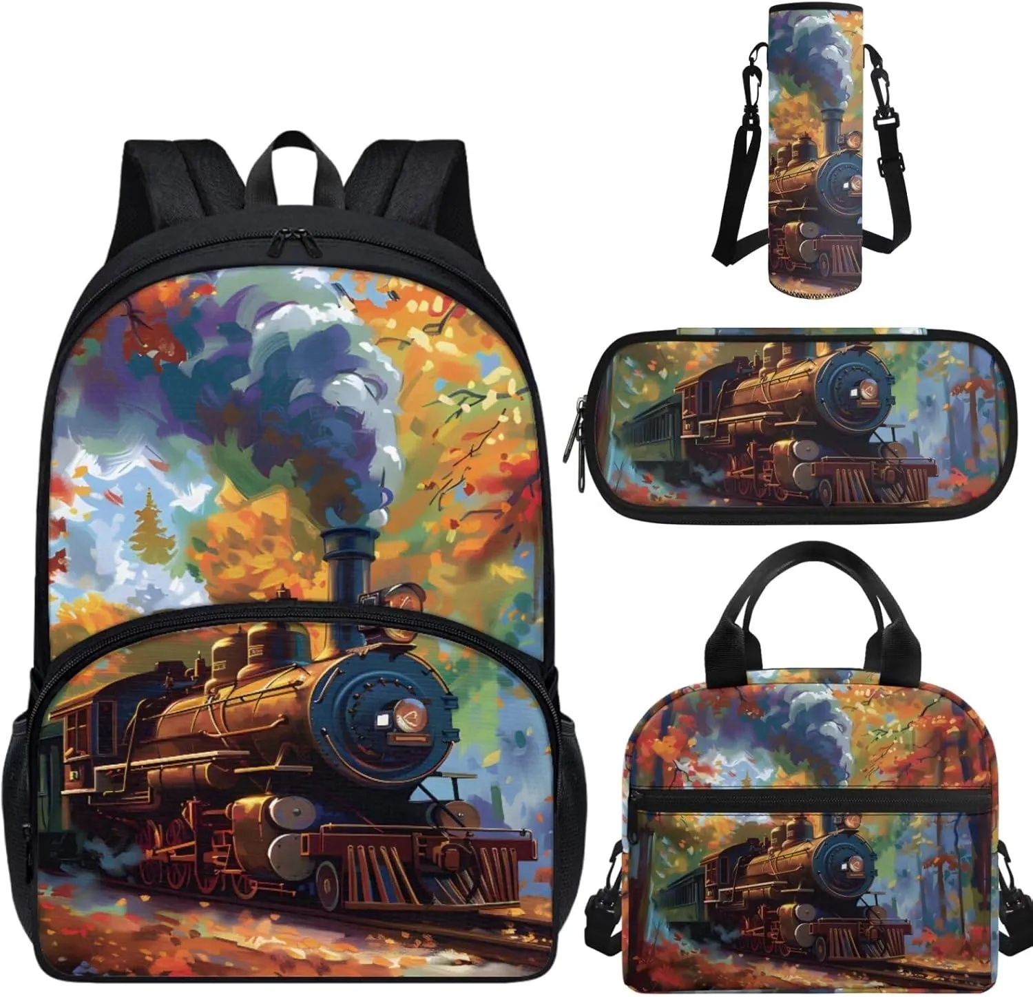 Train Kids Backpack for School Girls 4th Grade Preschool Elementary Middle School Bag Student Bookbag Cool School Supplies Set for Boys Teens with Lunch Bag Pencil Case Water Bottle Holder