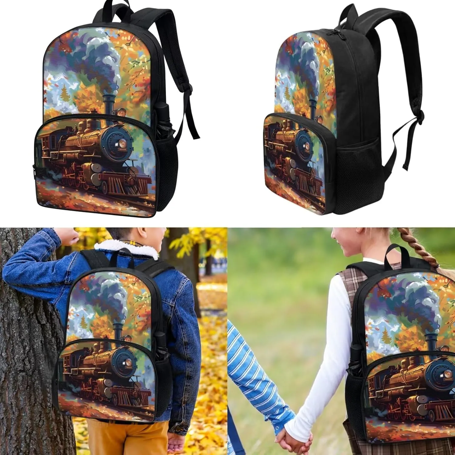 Train Kids Backpack for School Girls 4th Grade Preschool Elementary Middle School Bag Student Bookbag Cool School Supplies Set for Boys Teens with Lunch Bag Pencil Case Water Bottle Holder