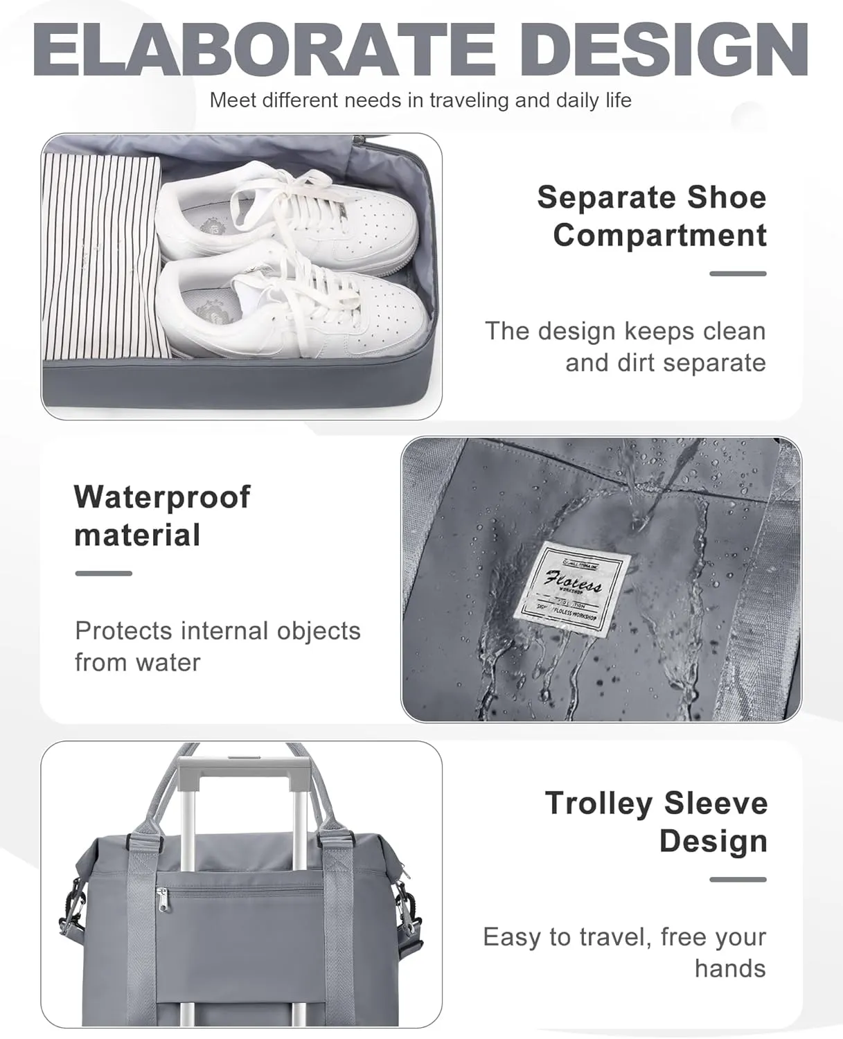 Travel Duffel Bag, 18x14x8 Inches Travel Bag Spirit with Shoes Compartment, Weekender Overnight Bag for Women with Trolley Sleeve, Carry On Bag for Airplanes Sport Tote Gym Bag SlateGrey