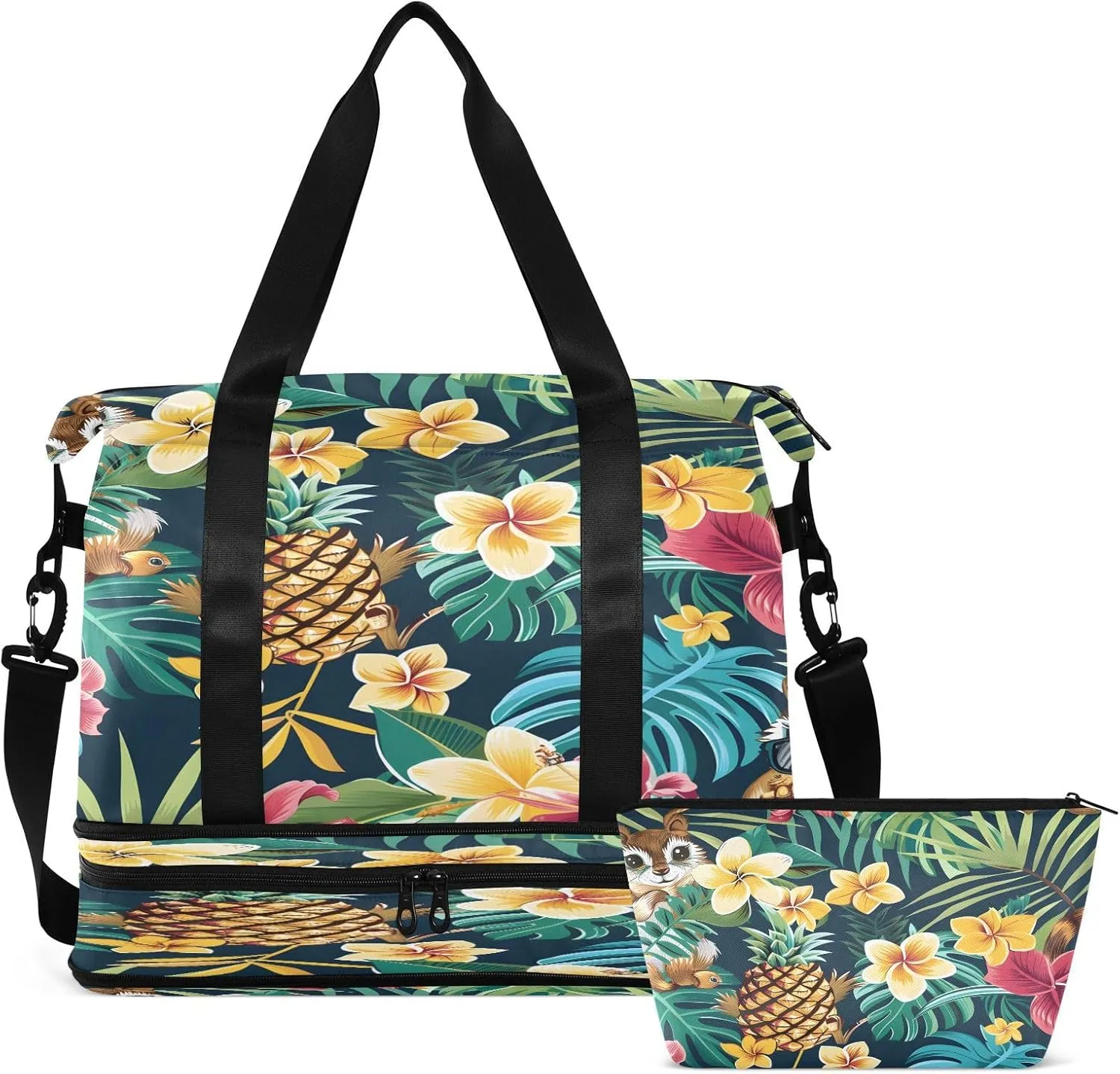 Travel Duffel Bag Cute Cartoon Squirrel and Pineapple Gym Duffel Bag for Men & Women with Shoe & Wet Compartment Shoulder Weekender Overnight Bag