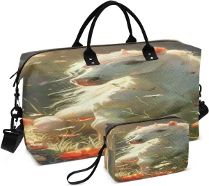 Travel Duffel Bag Large Weekender Overnight Bags for Women Men, Funny White Pony Gym Bag with Toiletry Bag