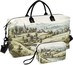 Travel Duffel Bag Large Weekender Overnight Bags for Women Men, Green Village Gym Bag with Toiletry Bag