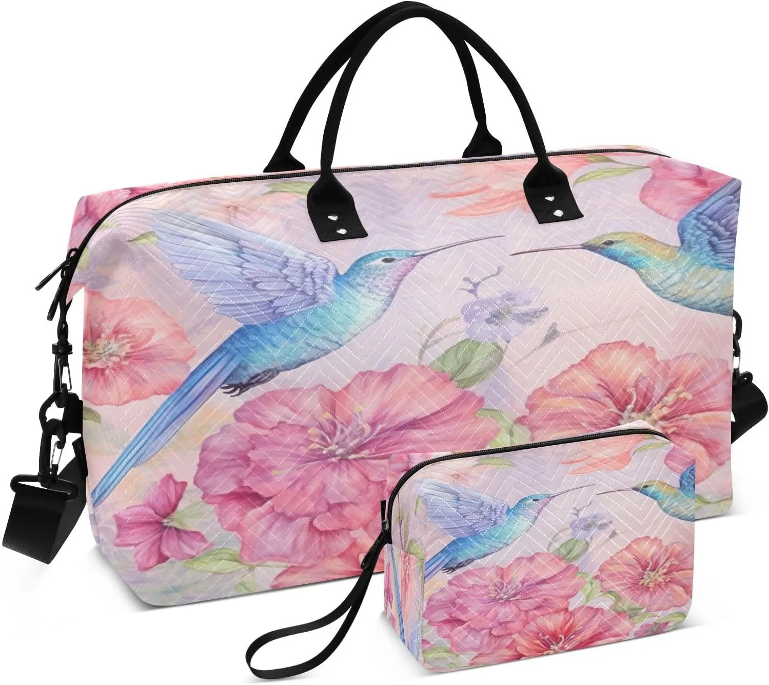 Travel Duffel Bag Large Weekender Overnight Bags for Women Men, Hummingbirds and Flowers Gym Bag with Toiletry Bag