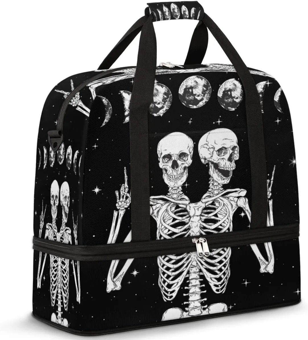 Travel Duffel Bag Moon Phase Skull Skeleton Sport Gym Bag for Woman Man,Waterproof Foldable Weekend Overnight Bag for Yoga Workout Training with Shoe Compartment