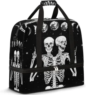 Travel Duffel Bag Moon Phase Skull Skeleton Sport Gym Bag for Woman Man,Waterproof Foldable Weekend Overnight Bag for Yoga Workout Training with Shoe Compartment