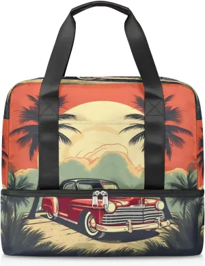 Travel Duffel Bags Coconut Tree Car Sports Gym Bag with Wet Pocket & Shoes Compartment Large Duffel Bags Waterproof Overnight Bag Weekender Bags for Women Men