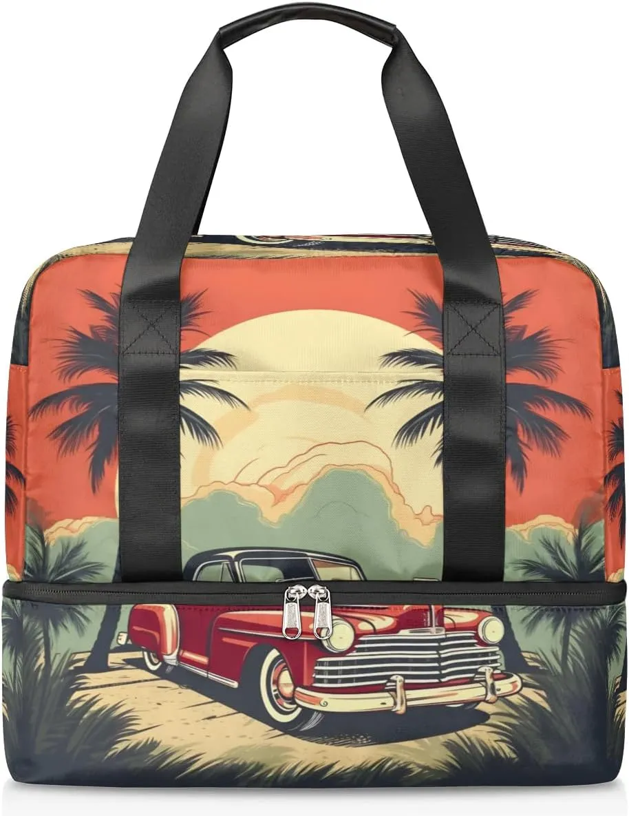 Travel Duffel Bags Coconut Tree Car Sports Gym Bag with Wet Pocket & Shoes Compartment Large Duffel Bags Waterproof Overnight Bag Weekender Bags for Women Men
