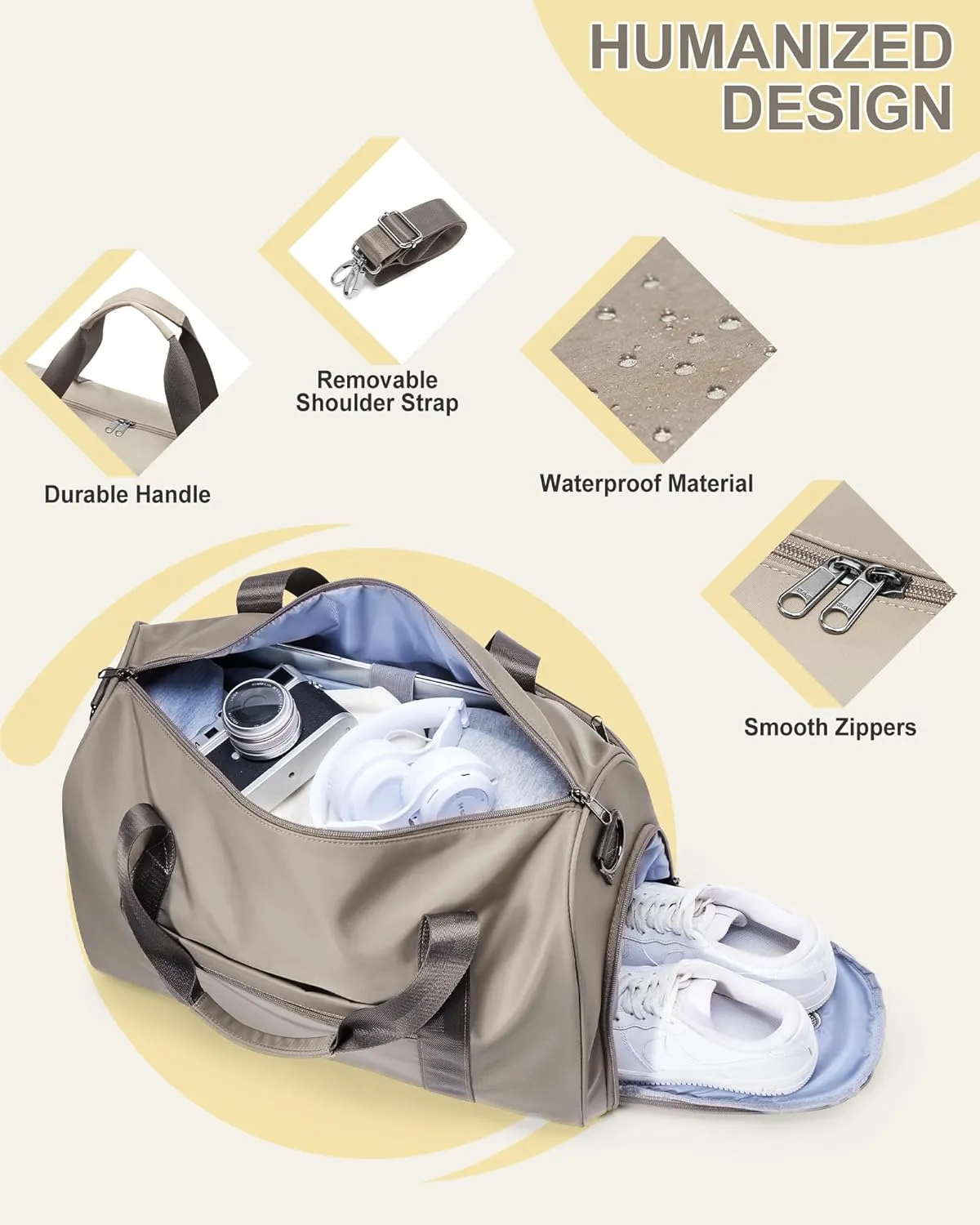 Travel Duffel Bags for Women Mens, Weekender Bag with Shoe Compartment Carry on Overnight Bag with Laptop Compartment Personal Item Travel Bag Gym Bag Hospital Bag Khaki