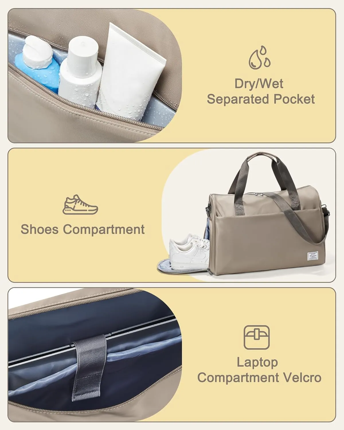 Travel Duffel Bags for Women Mens, Weekender Bag with Shoe Compartment Carry on Overnight Bag with Laptop Compartment Personal Item Travel Bag Gym Bag Hospital Bag Khaki