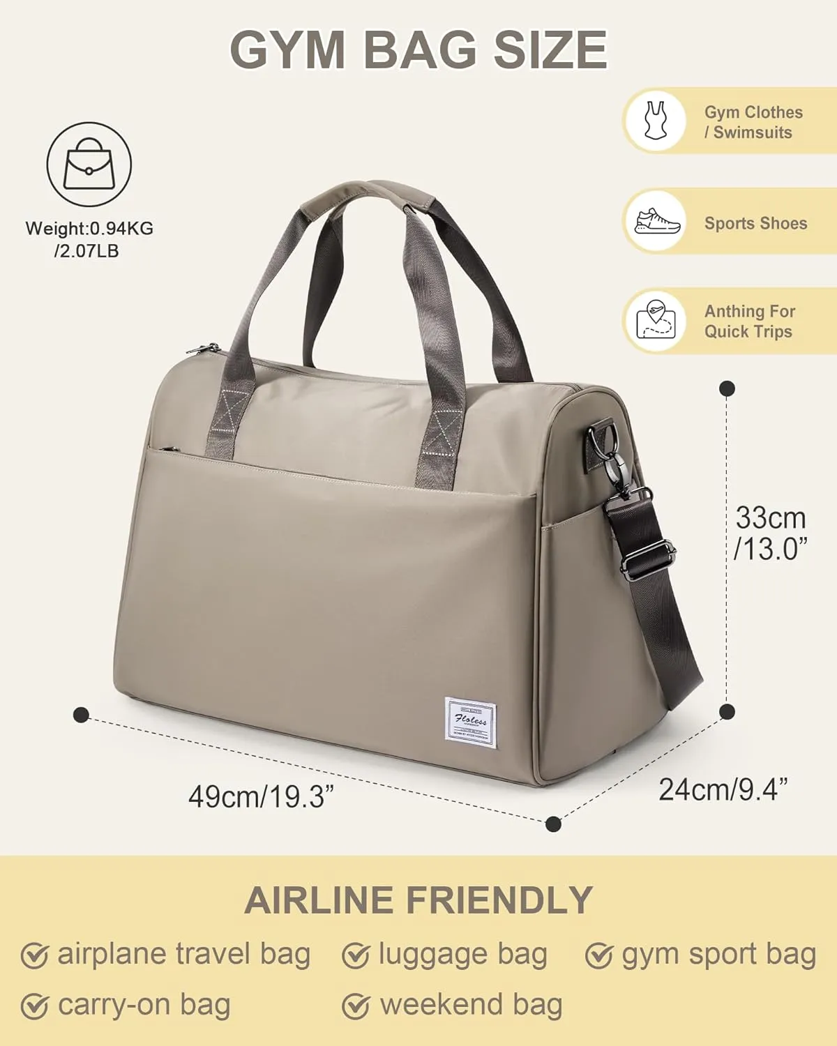 Travel Duffel Bags for Women Mens, Weekender Bag with Shoe Compartment Carry on Overnight Bag with Laptop Compartment Personal Item Travel Bag Gym Bag Hospital Bag Khaki